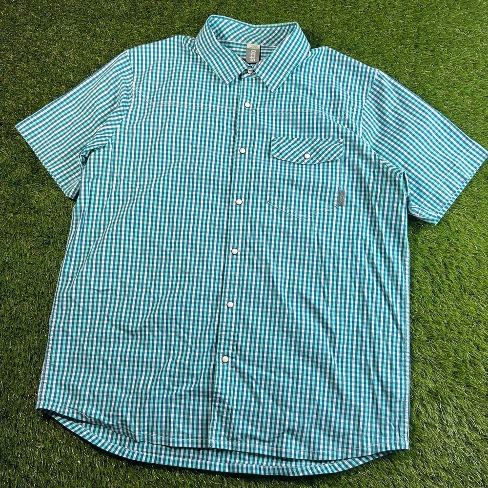 Stio Pearl Snap Shirt Mens Large Blue Gingham Plaid Outdoor Hiking Western SS